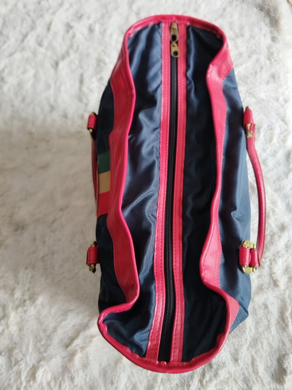 Lark Luggage Vintage Webbing Stripe Travel Duffel Tote Bag Navy Red Green AEH - Picture 16 of 16